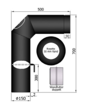 Rauchrohr Set Stahl 2 2x45° 700x500 mm Ø150 mm m. Tür & Dk inklusive schwarz
