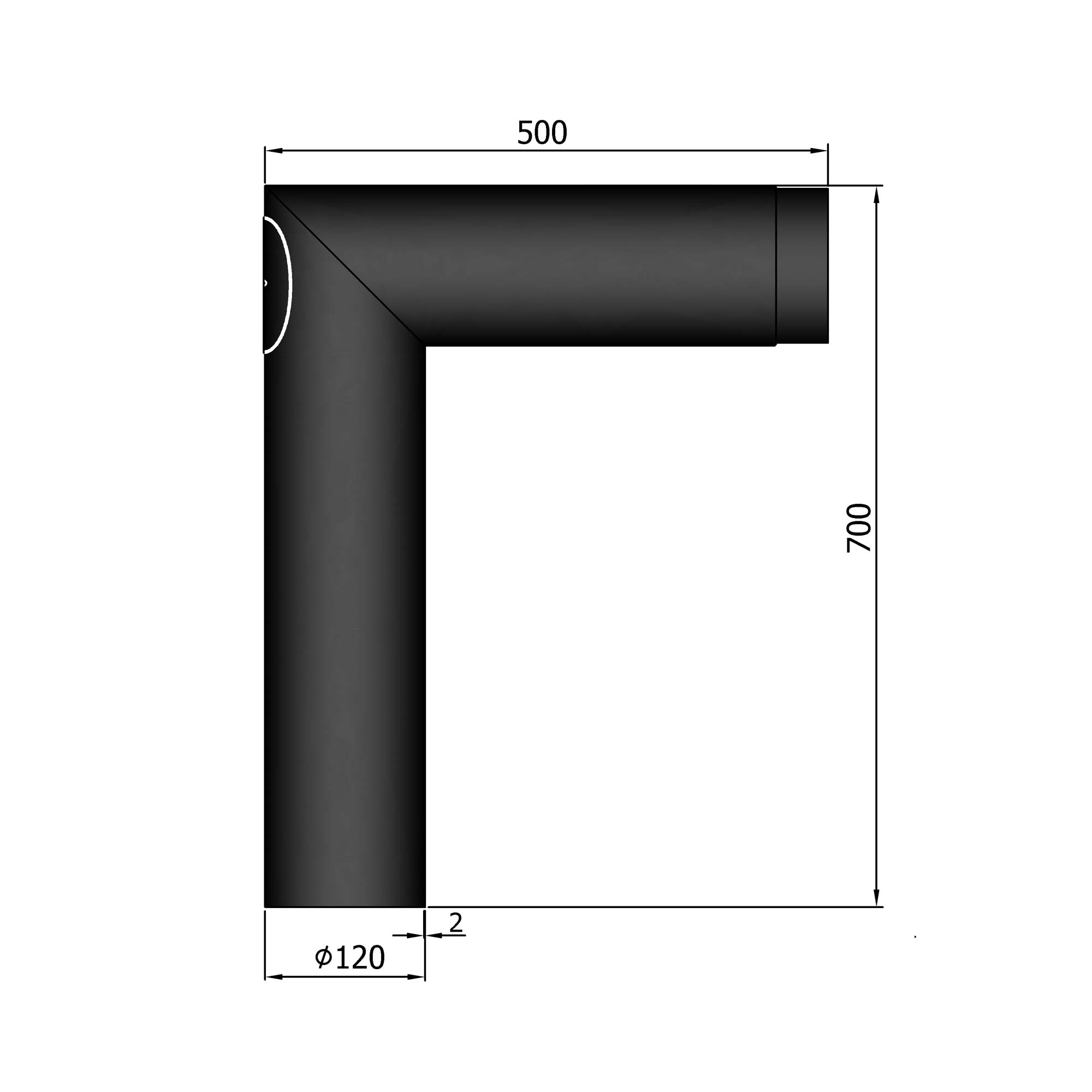 Anschlussrohr Stahl 90° 700 x 500 mm schwarz mit Tür