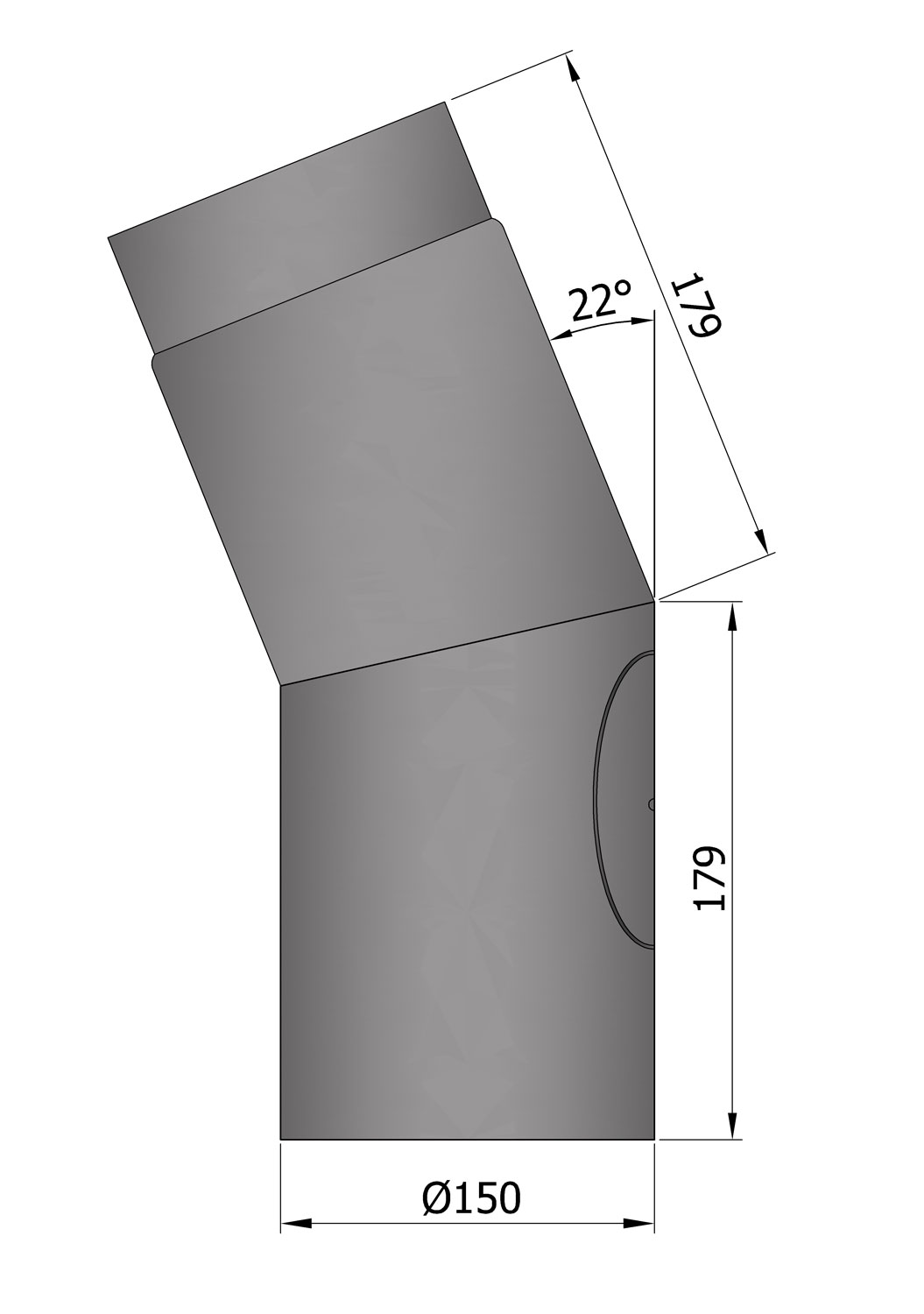 Rauchrohrbogen 22° Ø 150 mm schwarz mit Tür