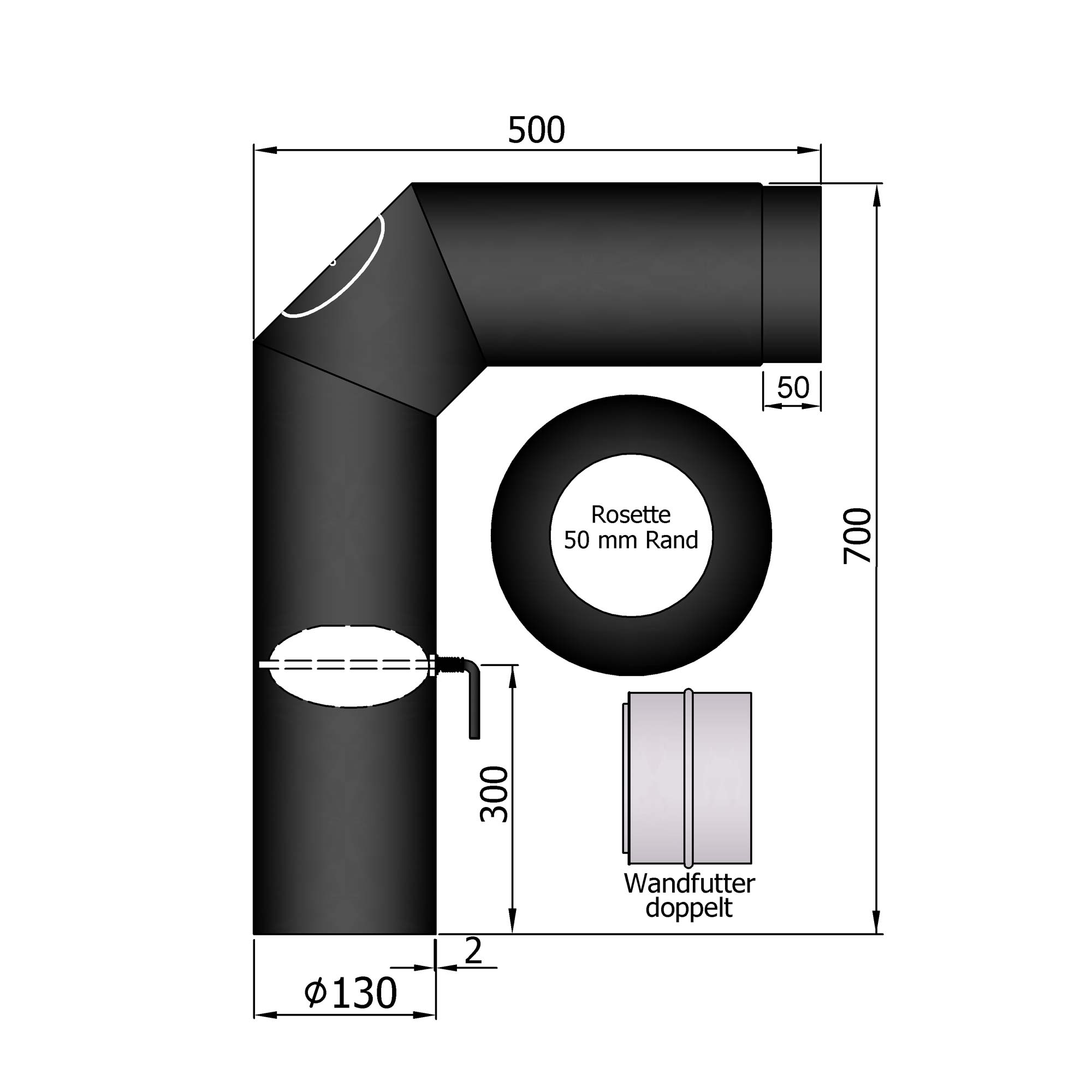 Rauchrohr Set Stahl 2x 45° 700 x 500 mm schwarz