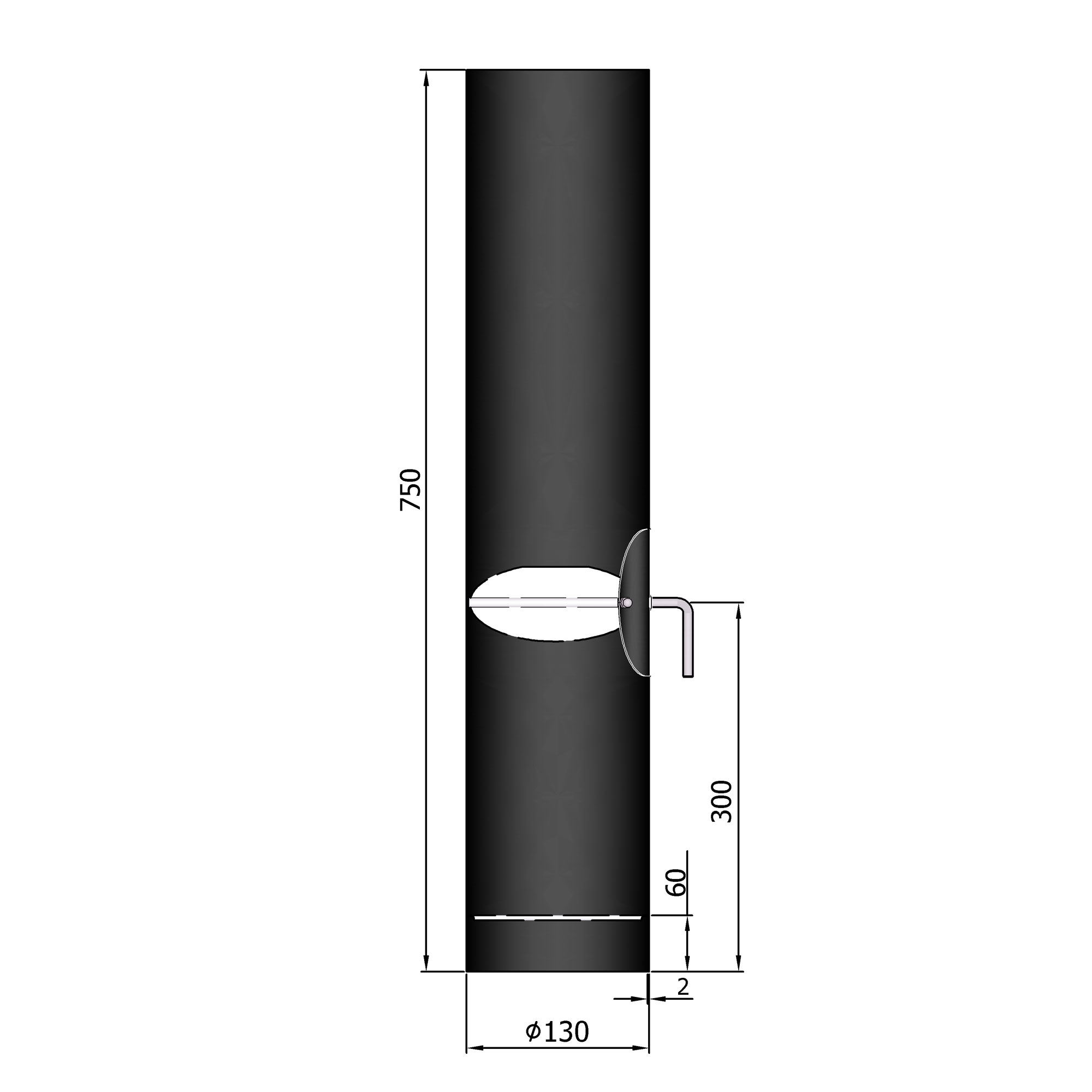 Rauchrohr Stahl 750 mm schwarz mit Tür, Drosselklappe, Kondensring