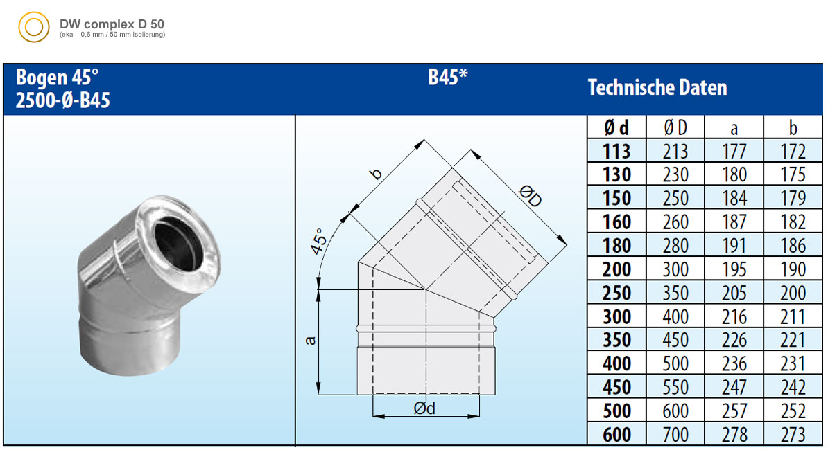 Schornstein Winkel 45° doppelwandig 1,0 mm - eka complex D 50