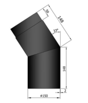 Rauchrohr Bogen Stahl 33° kurz 148x148 mm Ø150 mm schwarz