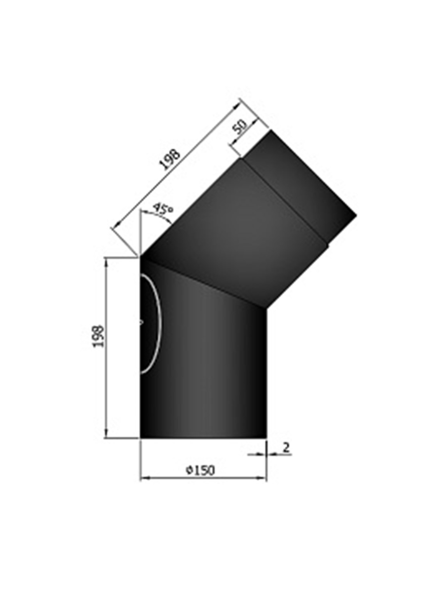 Rauchrohr Bogen Stahl 45° m. Tür 198x198 mm Ø150 mm schwarz