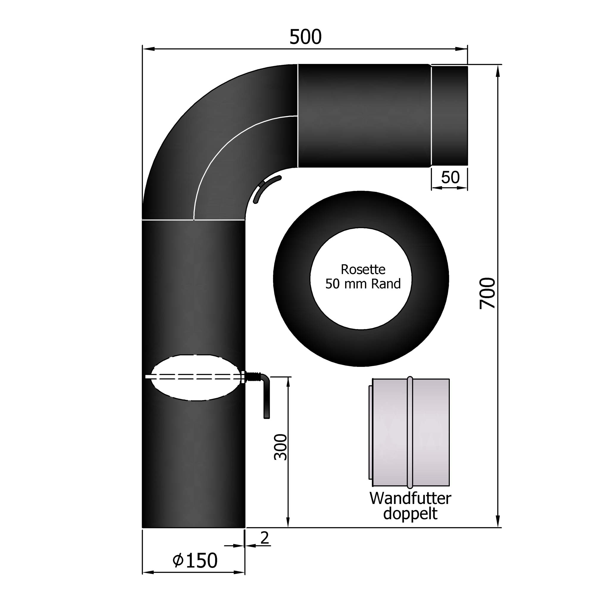 Rauchrohr Set Stahl 90° 700 x 500 mm schwarz, gezogen