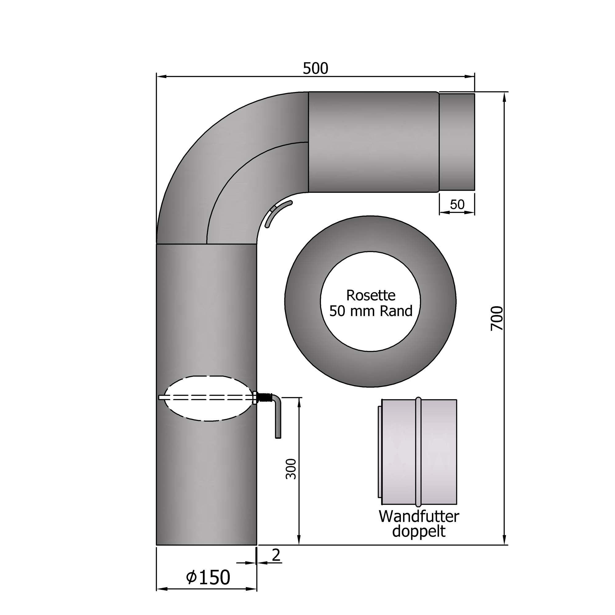 Rauchrohr Set Stahl 90° 700 x 500 mm hellgrau, gezogen