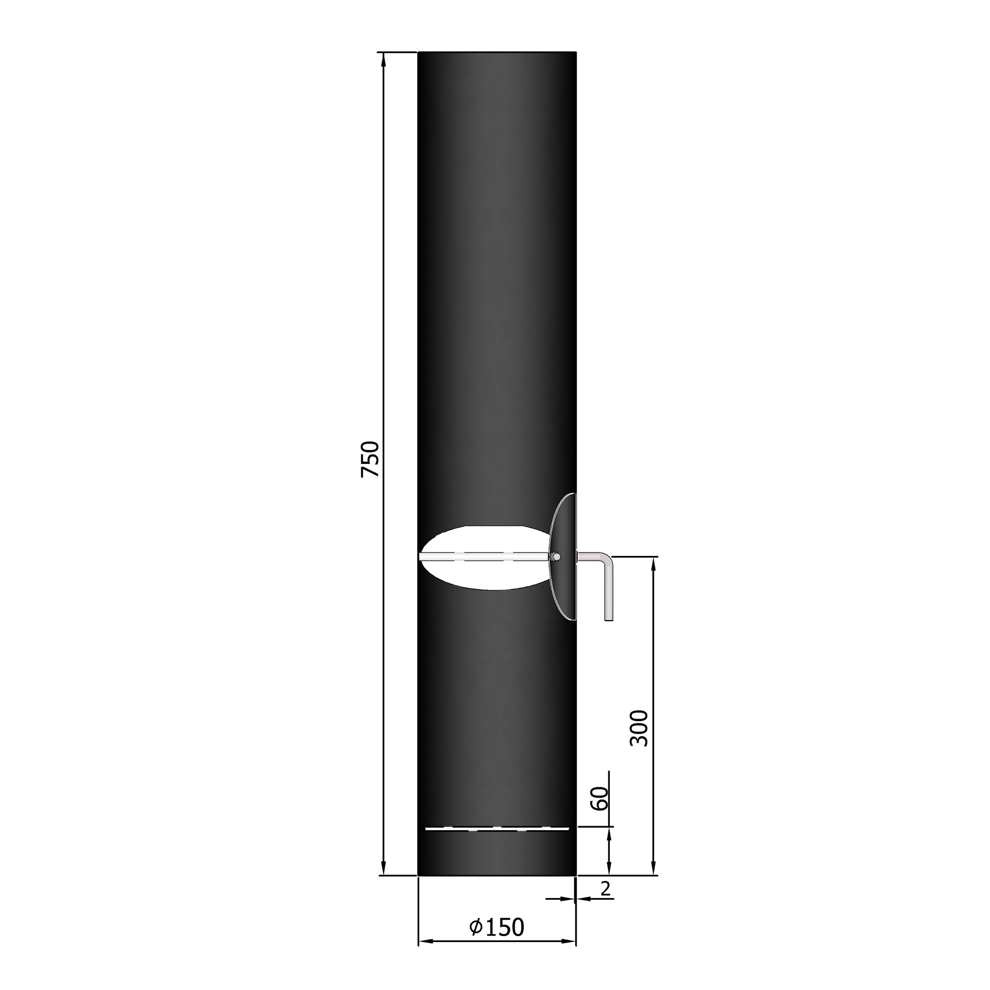 Rauchrohr Stahl 750 mm schwarz mit Tür, Drosselklappe, Kondensring