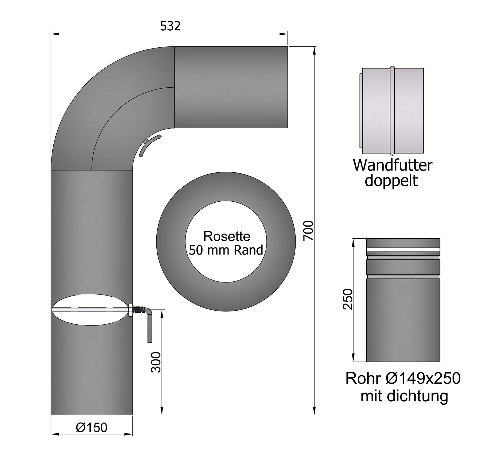 Schiebe-Rauchrohr Set Stahl 90° 700 x 532 mm Ø 150 mm schwarz, gezogen