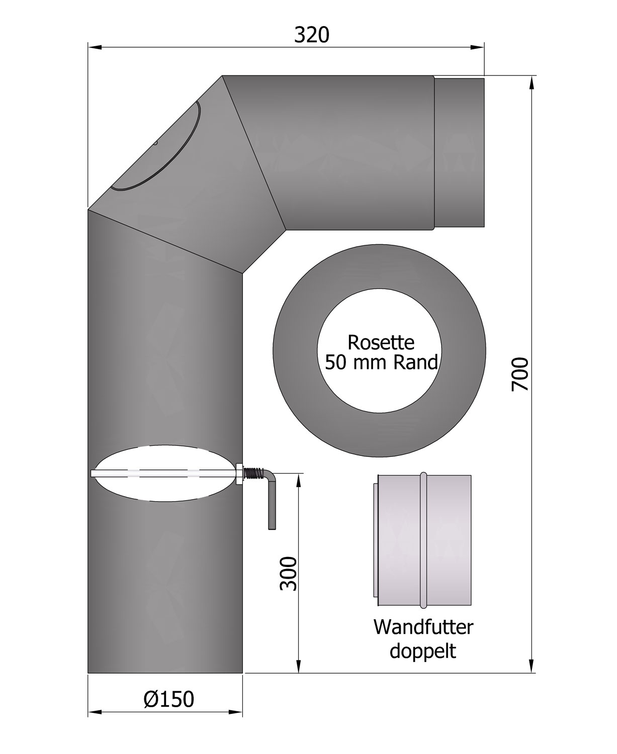 Rauchrohr Set Stahl 2x 45° 700 x 300 mm Ø 150 mm hellgrau, kurz