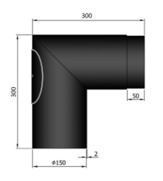 Rauchrohr Bogen Stahl 90° m. Tür 300x300 mm Ø150mm schwarz
