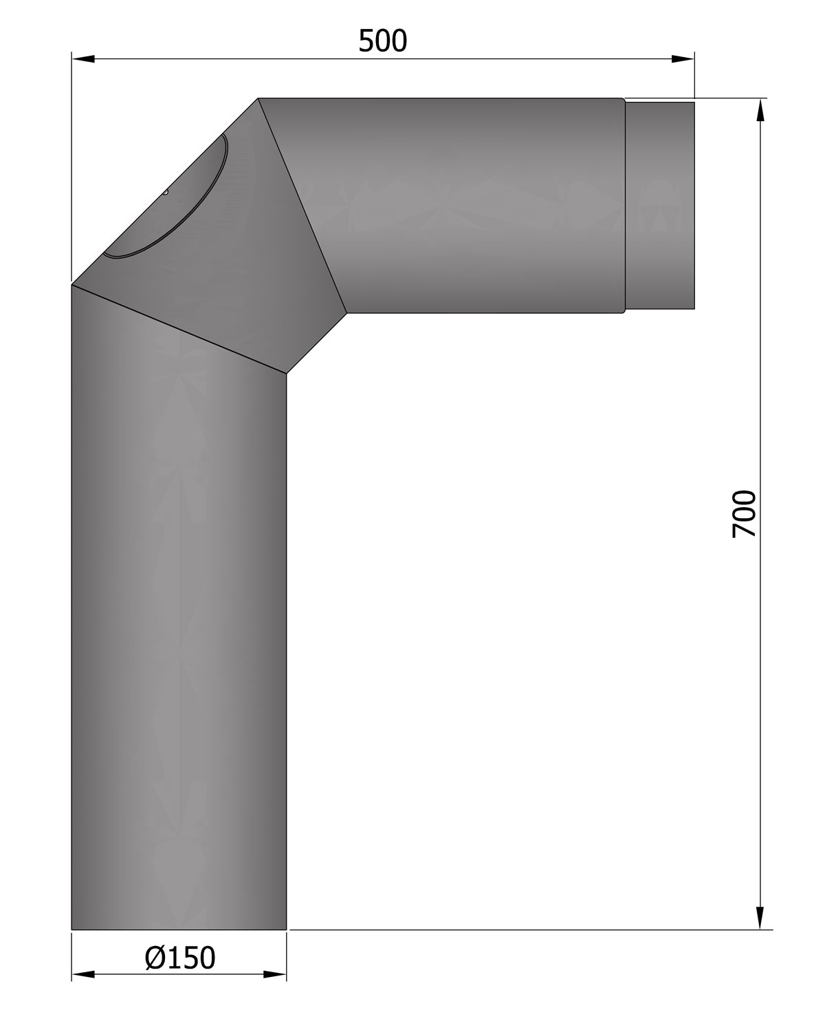 Anschlussrohr Stahl 2x 45° 700 x 500 mm Ø 150 mm schwarz mit Tür