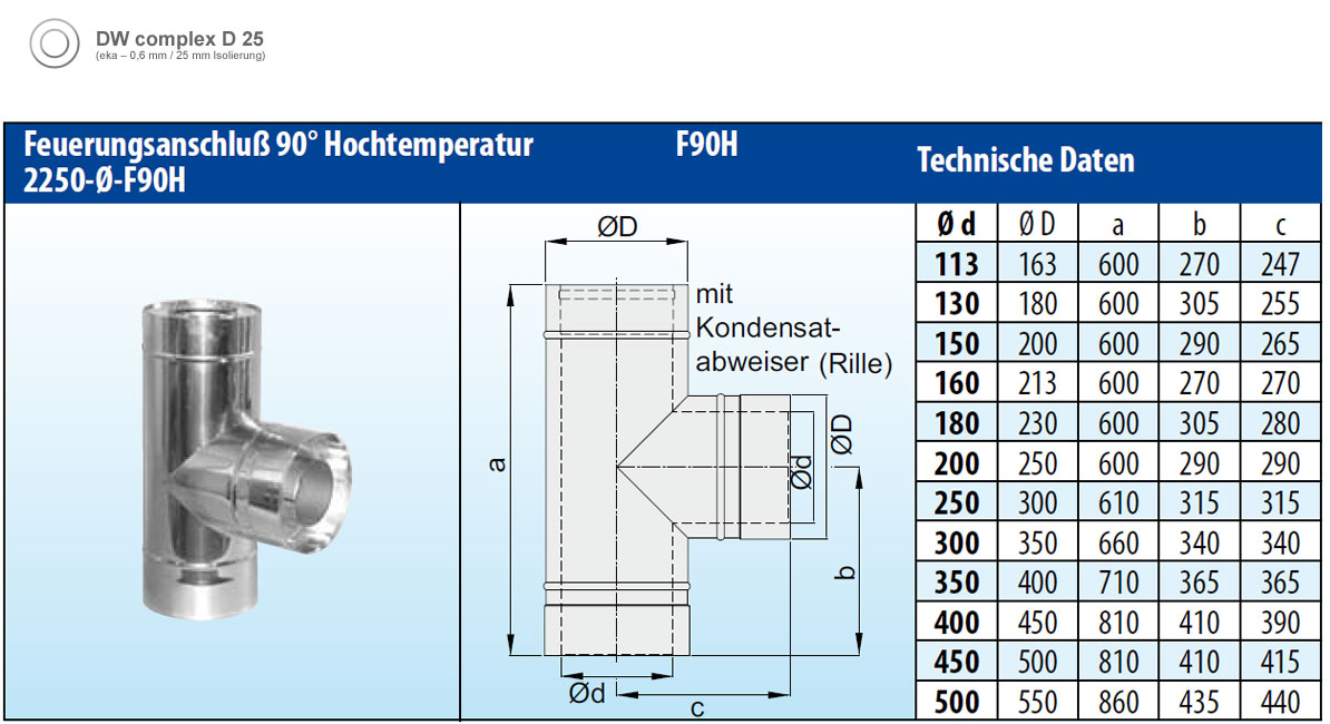 Feuerungsanschluss 90° Hochtemperatur doppelwandig verkupfert - eka complex D 25