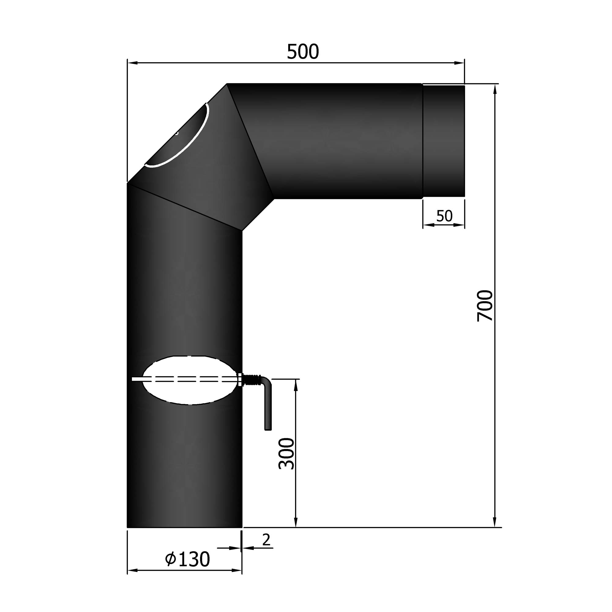Anschlussrohr Stahl 2x 45° 700 x 500 mm schwarz mit Tür, Drosselklappe