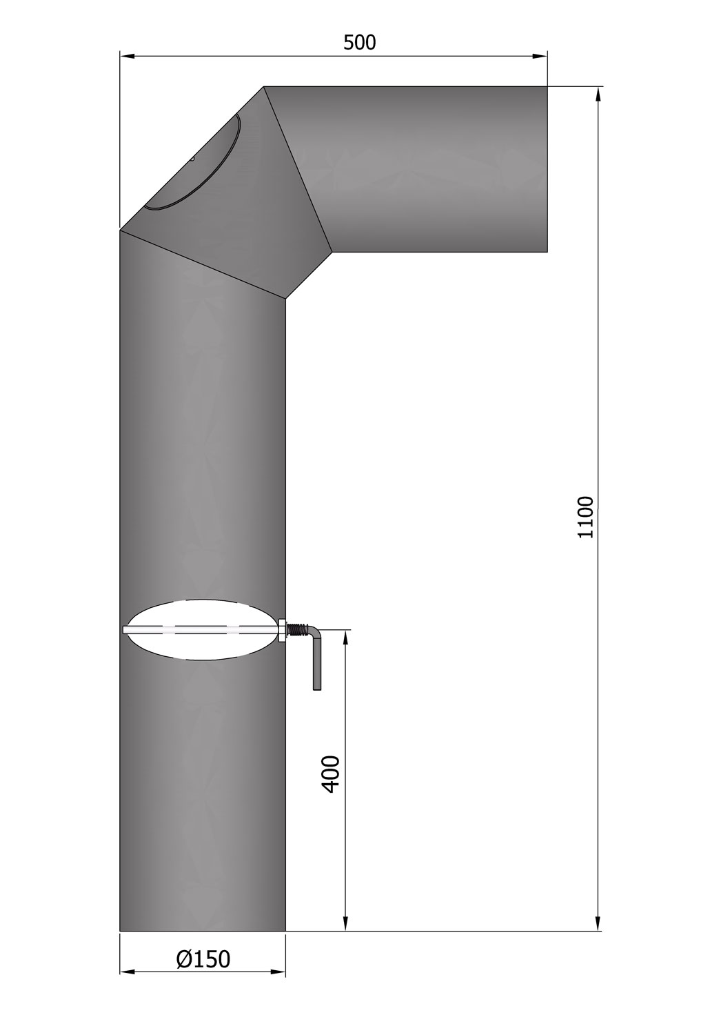 Anschlussrohr Stahl 2x 45° 1100 x 500 mm Ø 150 mm schwarz mit Tür, Drosselklappe