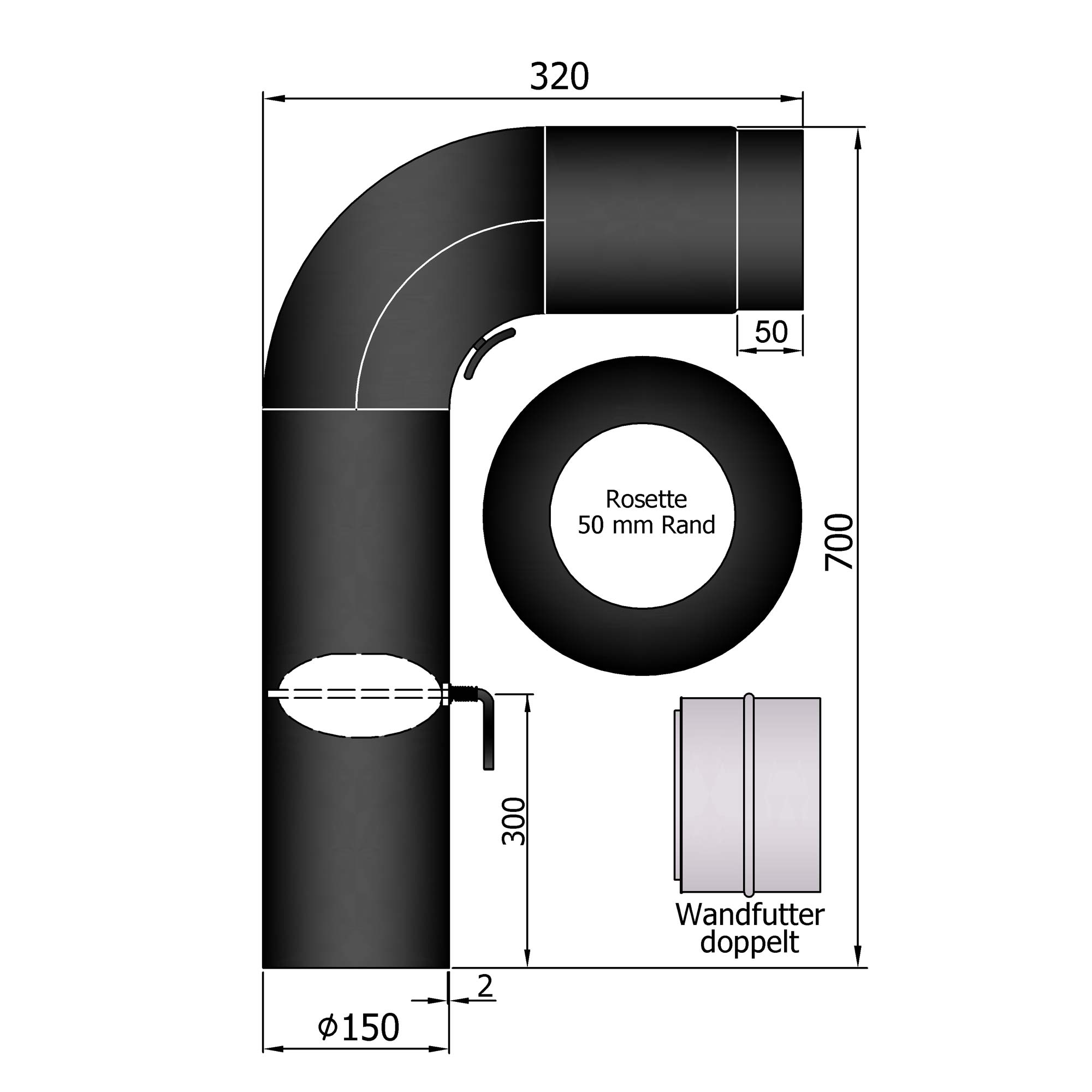 Rauchrohr Set Stahl 90° 700 x 320 mm schwarz, gezogen, kurz