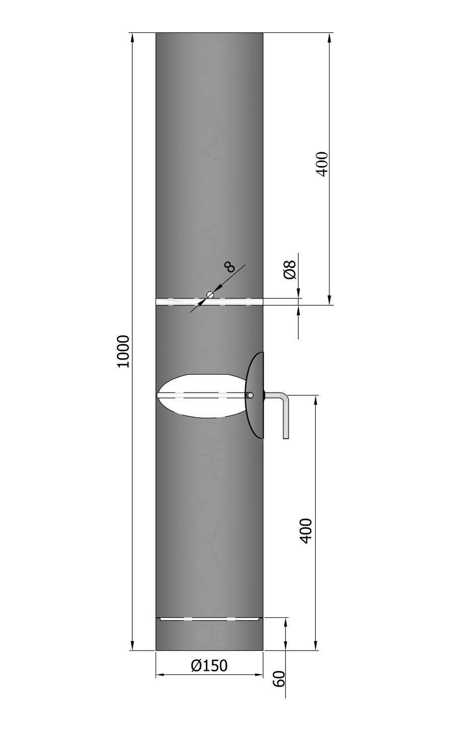 Rauchrohr Stahl 1000 mm Ø 150 mm schwarz mit Tür, Drosselklappe, Kondensring, Kugelfang