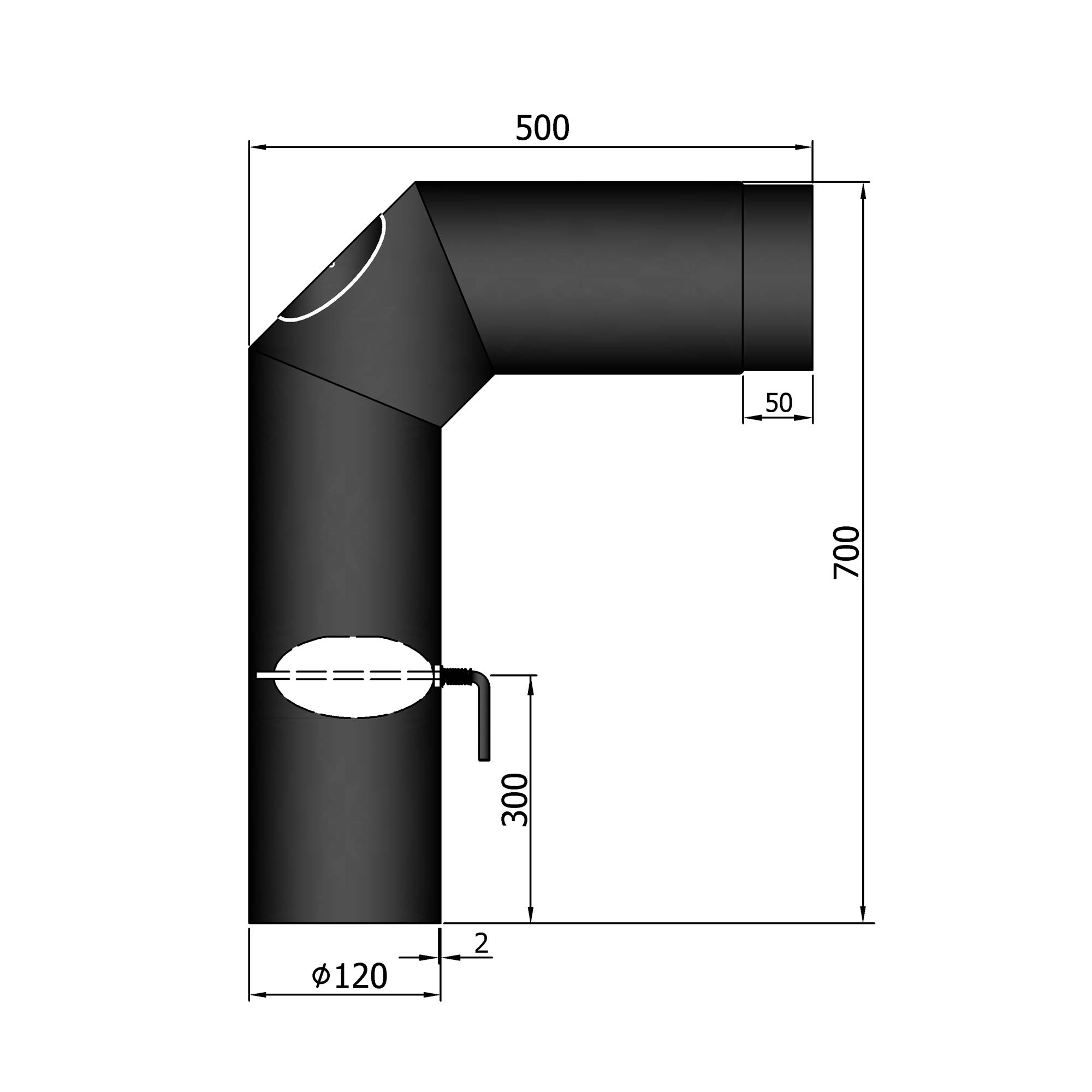 Anschlussrohr Stahl 2x 45° 700 x 500 mm schwarz mit Tür, Drosselklappe