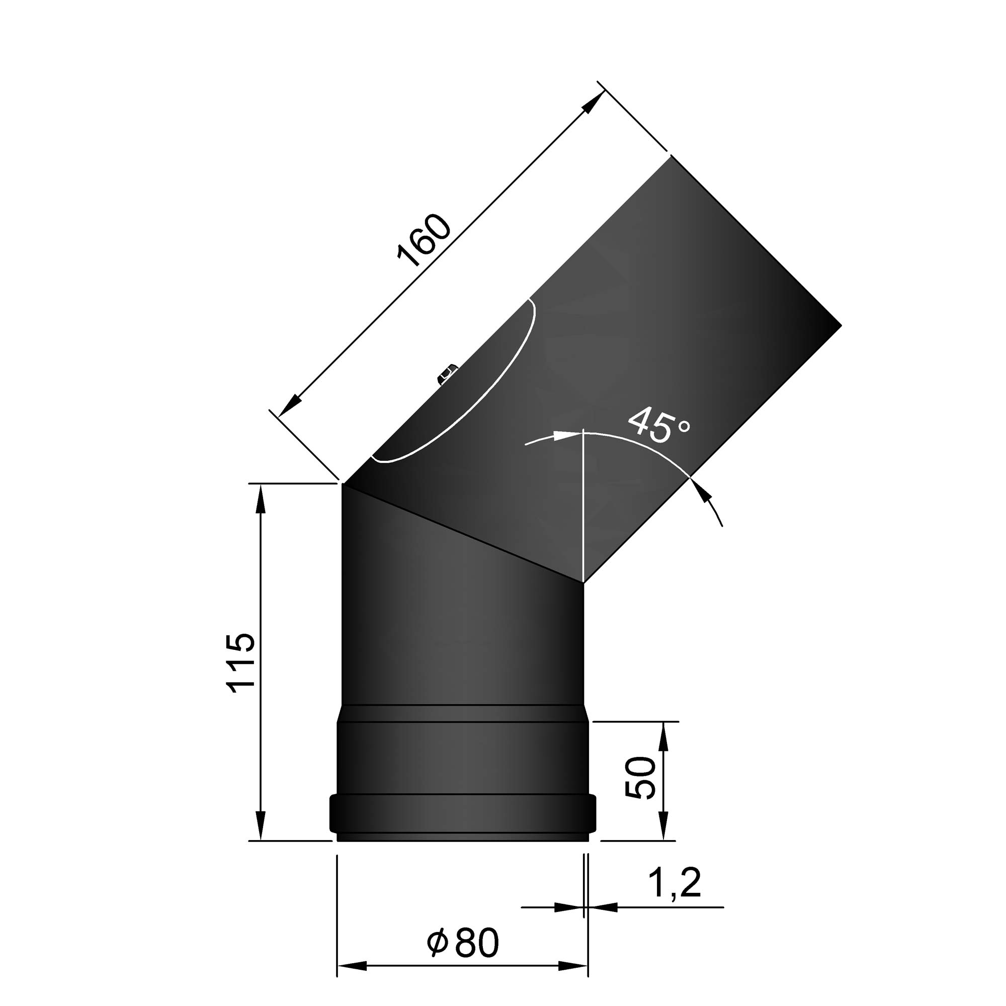 Pellet-Ofenrohrbogen Stahl 45° schwarz mit Putztür