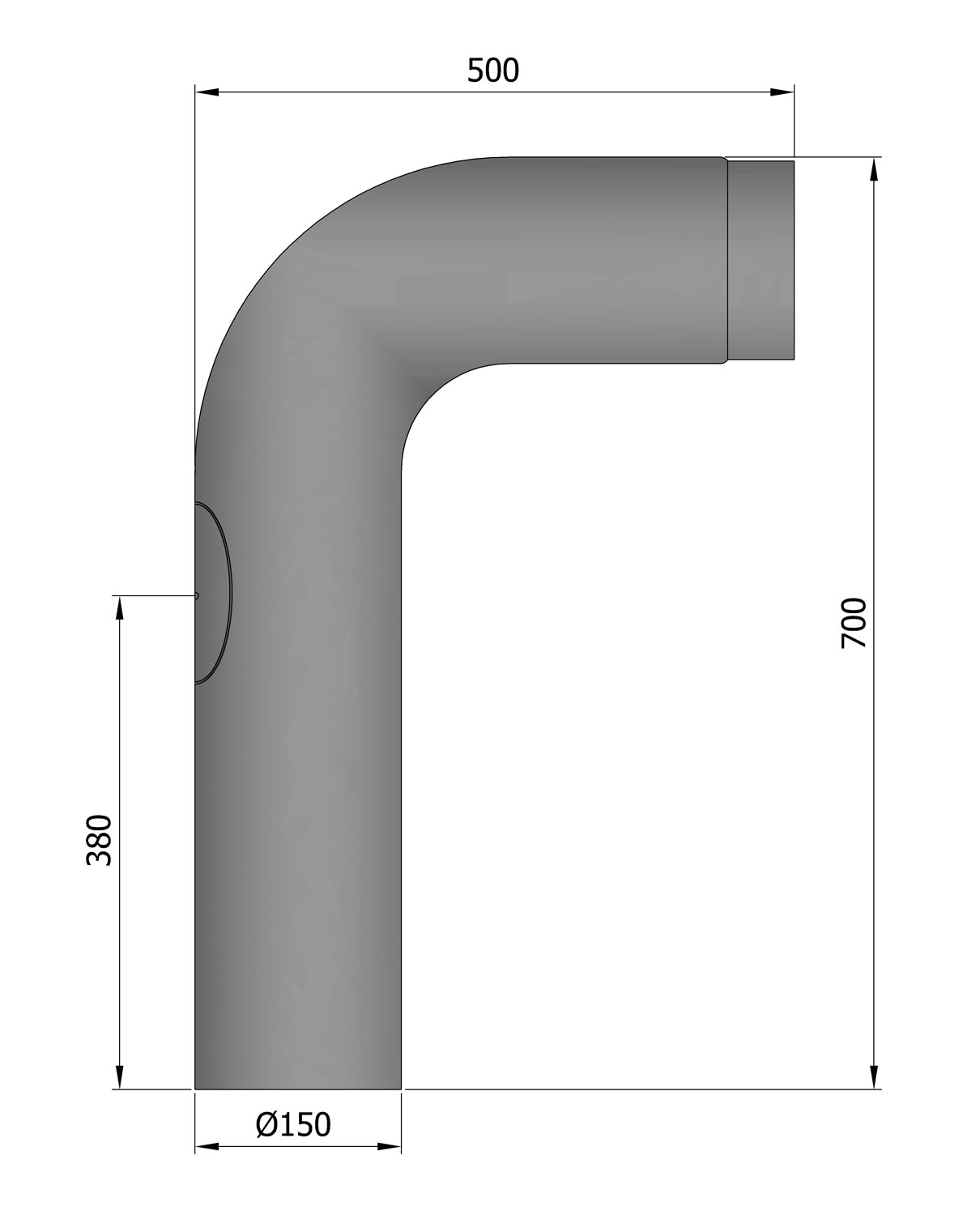 Anschlussrohr Stahl 90° 700 x 500 mm Ø 150 mm hellgrau, gezogen mit Tür