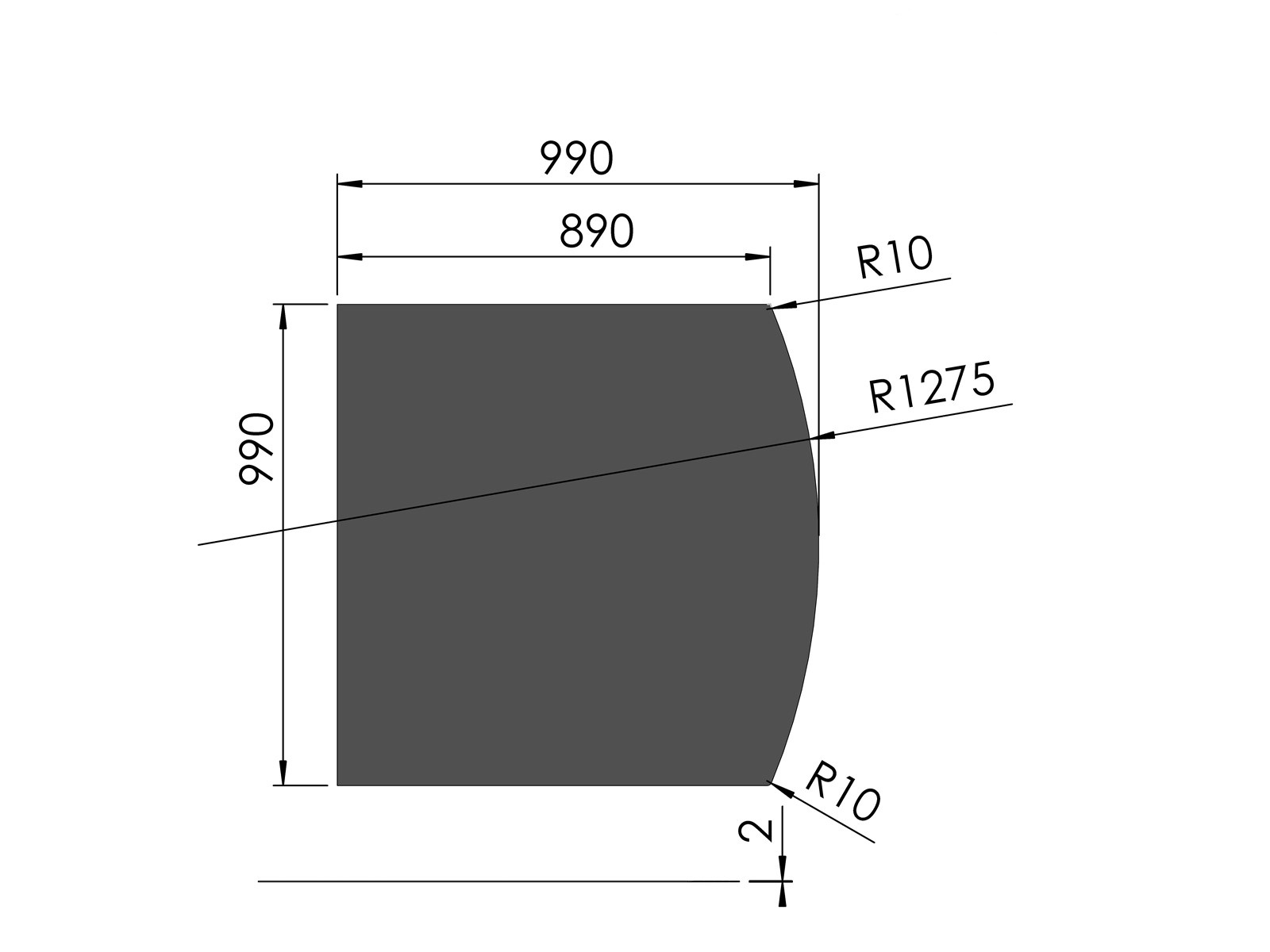 Kamin Bodenplatte, 2 mm Stahl, Segmentbogen 990 x 990 mm, schwarz