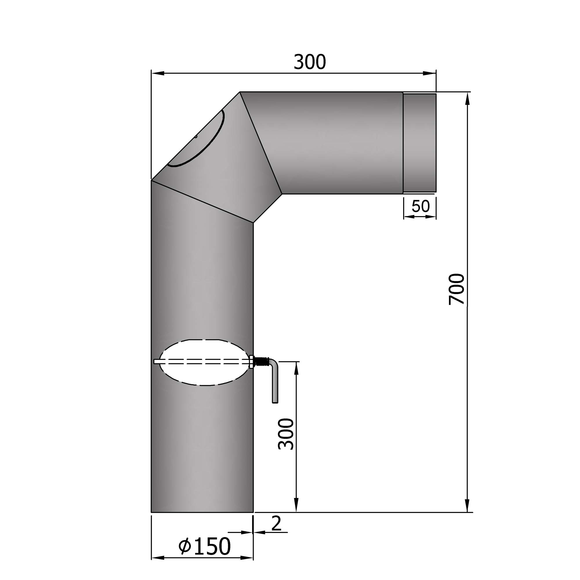 Anschlussrohr Stahl 2x 45° 700 x 300 mm hellgrau mit Tür, Drosselklappe