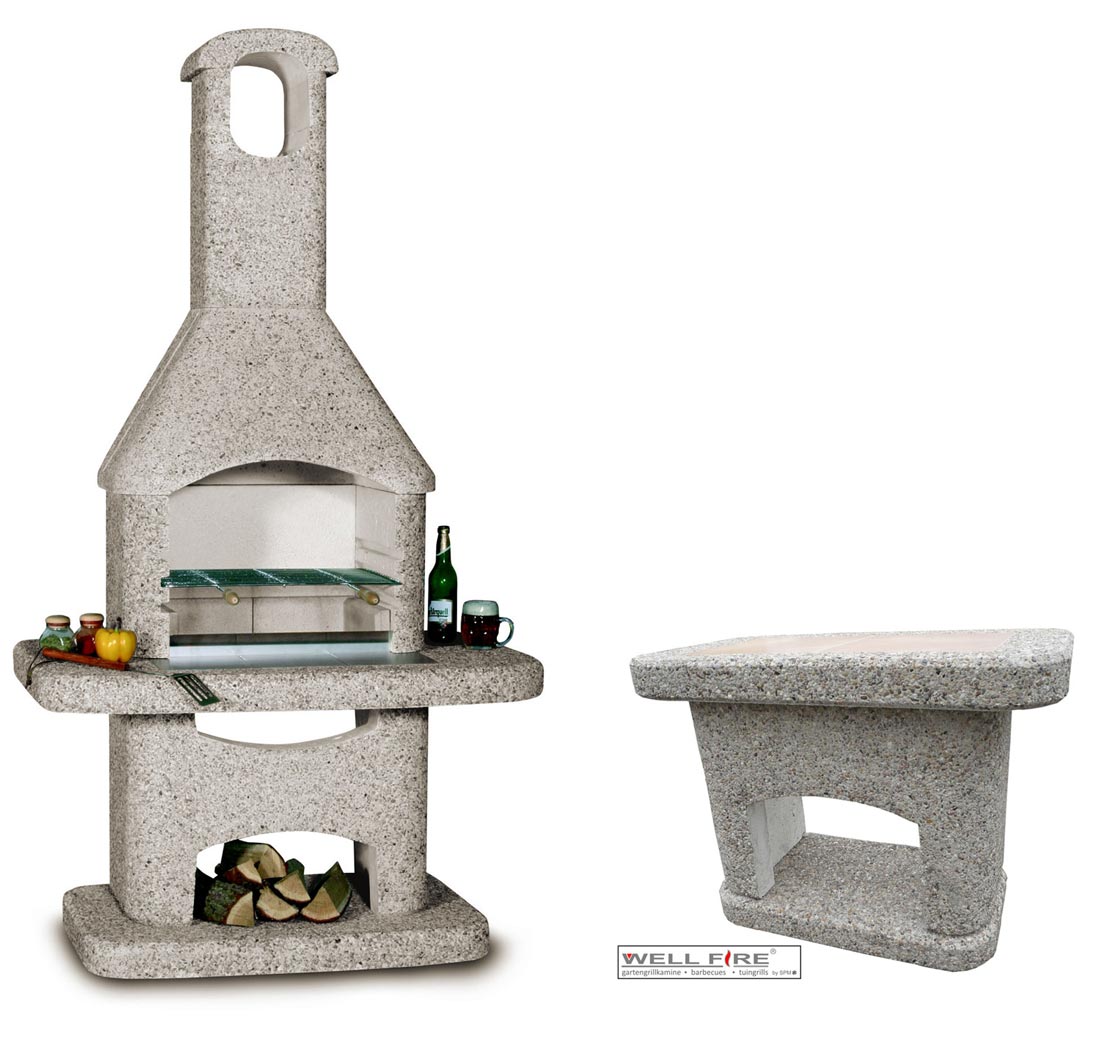 Grillkamin Wellfire NOVA braun mit Betonhaube und Beistelltisch